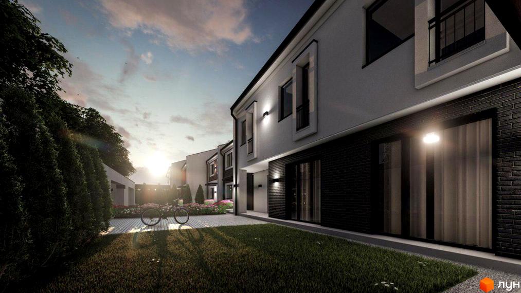 Ряд таунхаусів Таунхауси Dresden з білими фасадами, темними вікнами та цегляною кладкою. На прибудинковій території доглянутий газон, бруківка та зелені насадження.