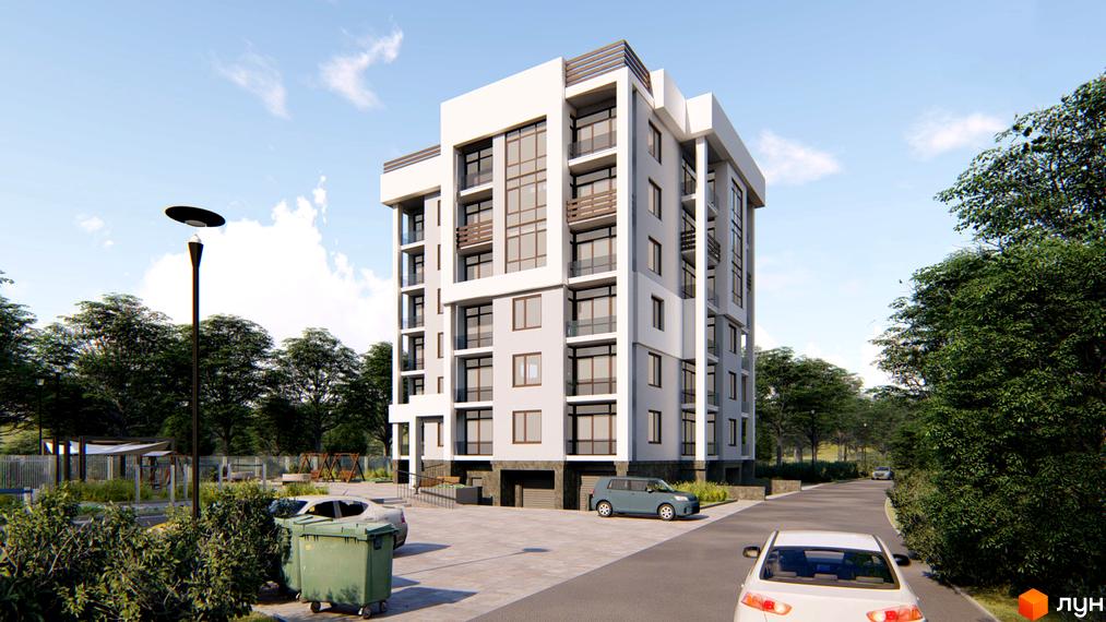 Багатоповерховий Клубний будинок „Королева“ світлих відтінків з великими вікнами та балконами. Поруч розташовані парковка, зелені насадження та дитячий майданчик.