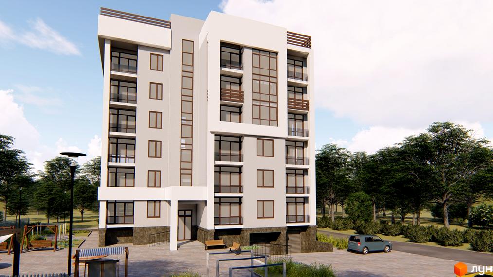 Клубний будинок „Королева“: багатоповерховий будинок світлого кольору з темними вікнами та балконами. Прибудинкова територія з деревами, дорогою та зоною відпочинку.