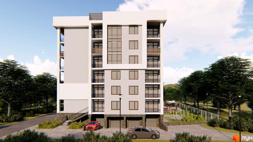 Зображення фасаду Клубного будинку „Королева“ з великими вікнами та балконами. На передньому плані автомобілі та зелені насадження.