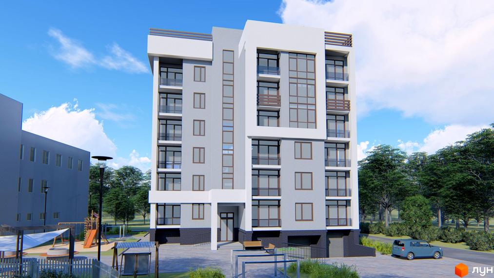 Багатоповерховий Клубний будинок „Королева“ з сіро-білим фасадом та великими вікнами. Поруч дитячий майданчик та зелені зони.