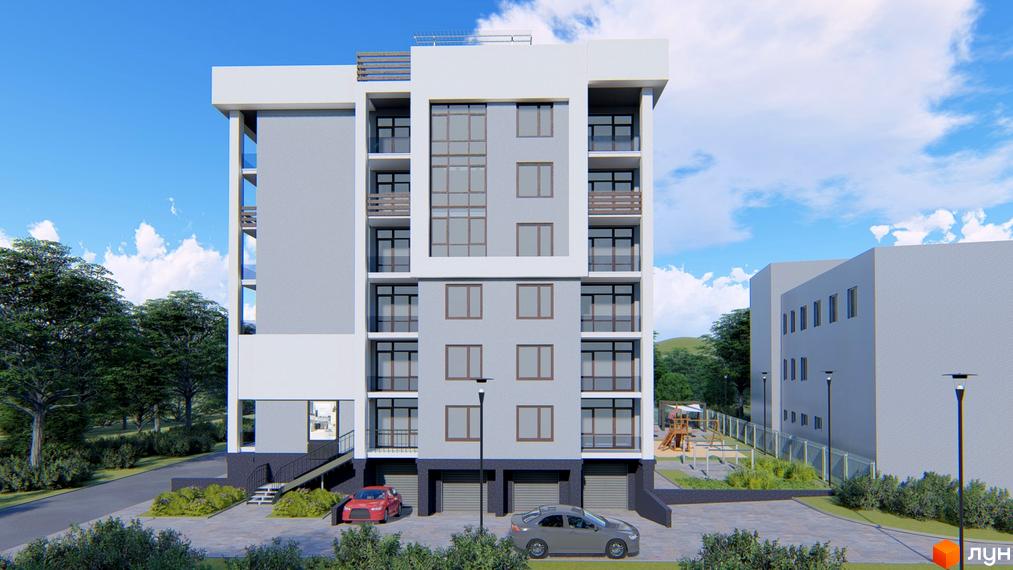 Зображення фасаду Клубного будинку „Королева“ з вікнами та балконами. На передньому плані парковка з автомобілями та зелені насадження.