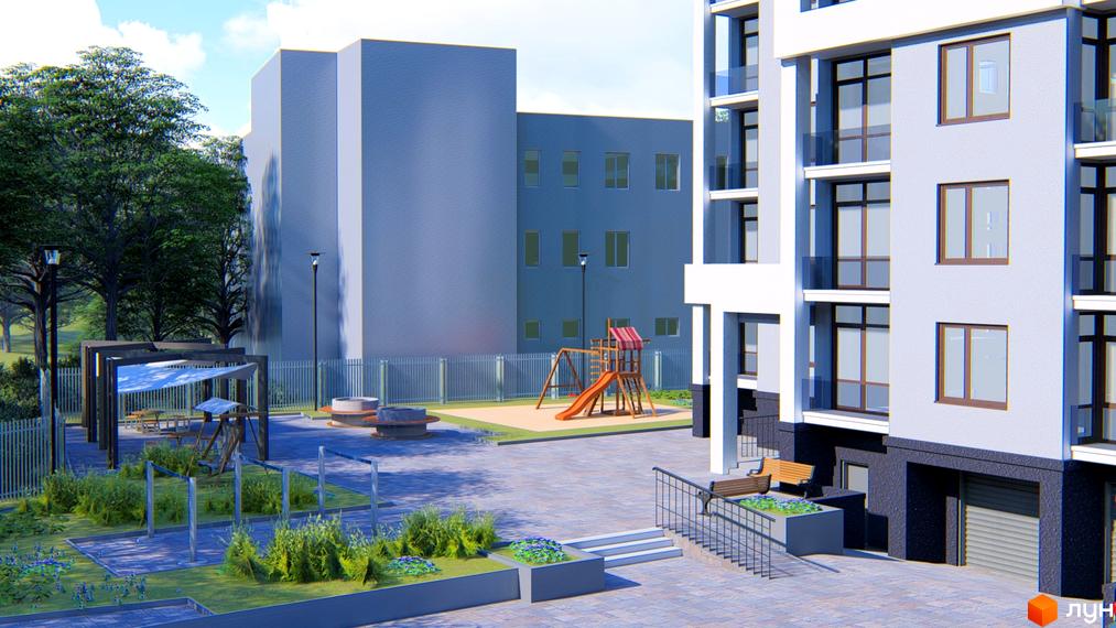 Зображення фасаду та прибудинкової території Будівельного проєкту „Королева“. На території є дитячий майданчик та місця для відпочинку.