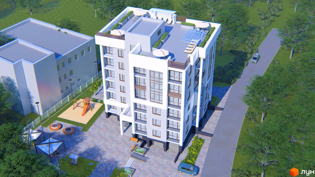 Зображення будинку Житлового комплексу „Королева“ з виглядом на дитячий майданчик та зелену територію.