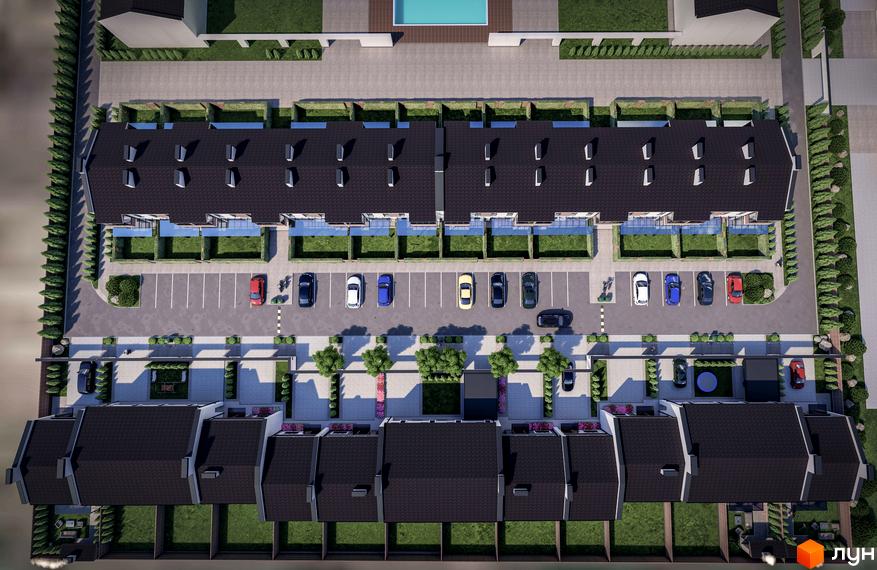 Вигляд зверху на таунхауси Dresden з парковкою та зеленим подвір'ям. На задньому плані басейн та доглянута територія.