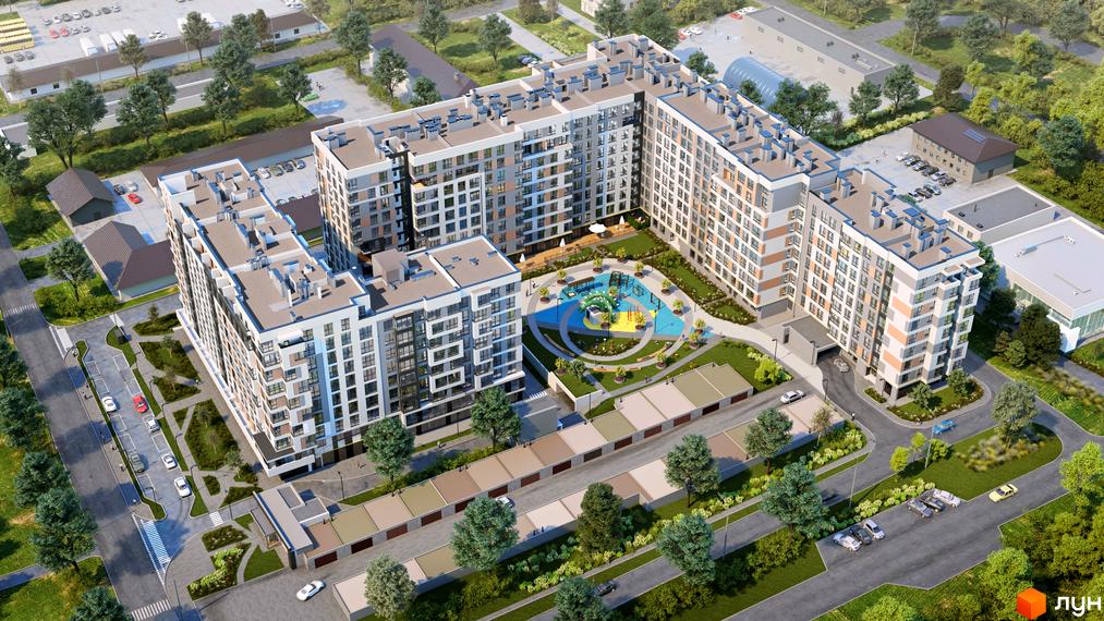 Житловий комплекс AUROOM CITY: багатоповерхові будинки зі світлими фасадами, внутрішній двір з дитячим майданчиком та зеленими зонами.
