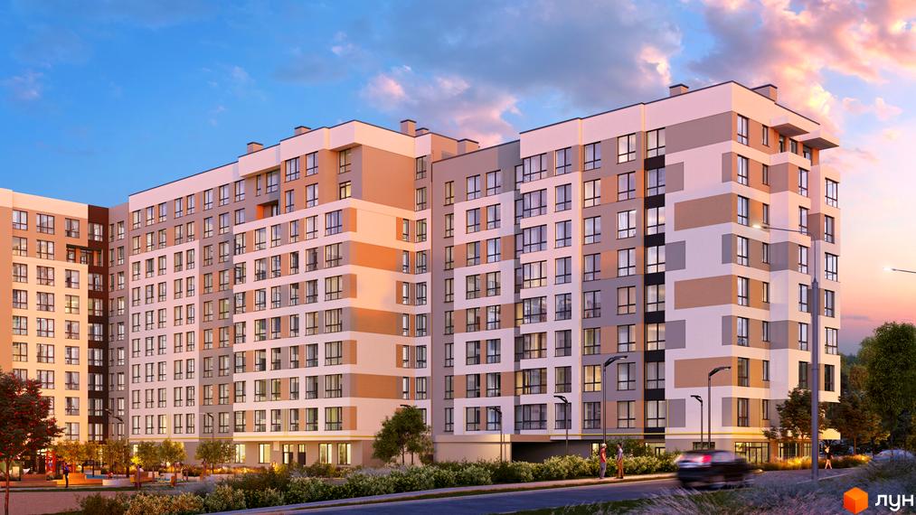 Житловий комплекс AUROOM CITY з багатоповерховими будинками, що мають фасади бежевого, сірого та білого кольорів. Поруч дорога, зелені насадження та дитячий майданчик.