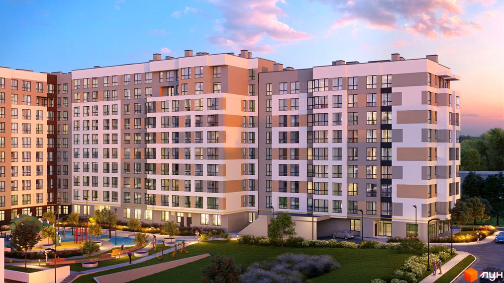 Житловий комплекс AUROOM CITY: багатоповерховий будинок з фасадами світлих та коричневих відтінків, з доглянутою прибудинковою територією та дитячим майданчиком.