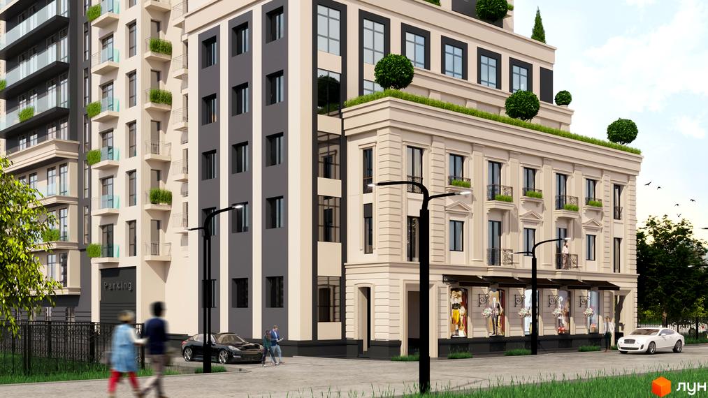 Зовнішній вигляд житлового комплексу Central Park з фасадами світло-бежевого та сірого кольорів, вікнами з темними рамами та балюстрадами. Навколо будинку розташована прибудинкова територія з деревами та пішохідною зоною.