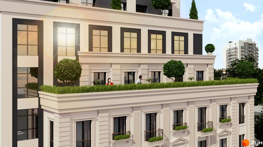 Житловий комплекс Central Park: фасади будівель з великими вікнами та балконами, зелені зони відпочинку на терасах. Зовнішній вигляд новобудови з елементами класичної архітектури.