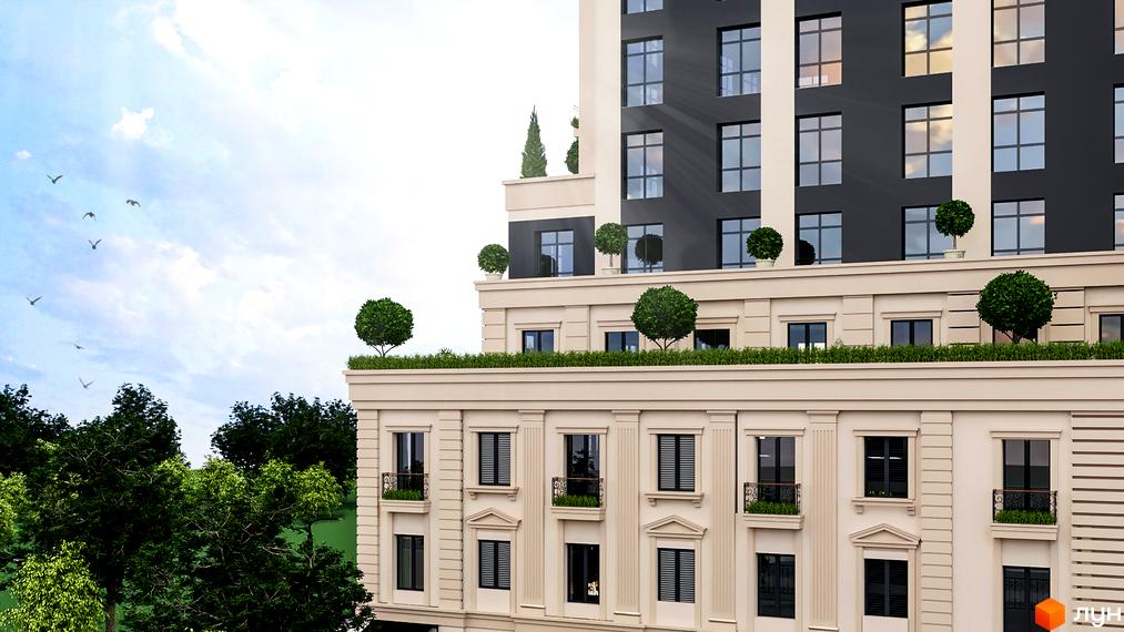 Житловий комплекс Central Park: фасад будівлі з великою кількістю вікон та балконів, прикрашений деревами та зеленню. Навколо будинку - дерева та зелені насадження.