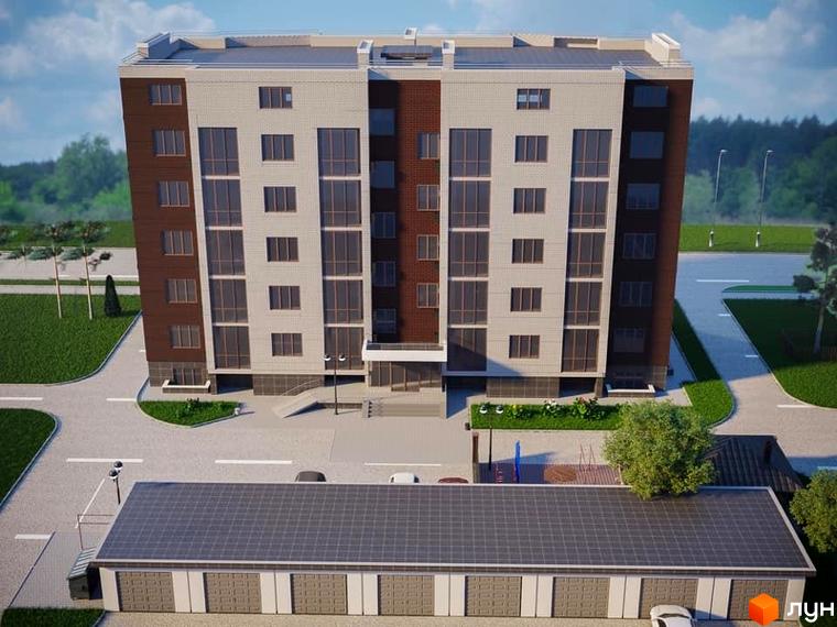 Зображення фасаду Новобудови Престиж з великими вікнами та коричневими вставками. На передньому плані гаражі та зелена територія.