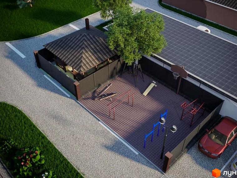 Вигляд зверху на будинок та дитячий майданчик Житлового комплексу Престиж. На території є дерева, гойдалки, спортивні тренажери та парковка.