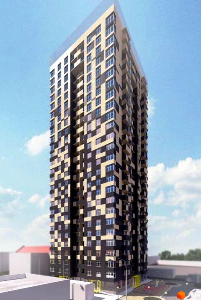 Високоповерховий житловий комплекс на Платонівському провулку, 6, з фасадом у шаховому порядку з бежевих та темних елементів. Навколо будинку розташований дитячий майданчик та освітлення.