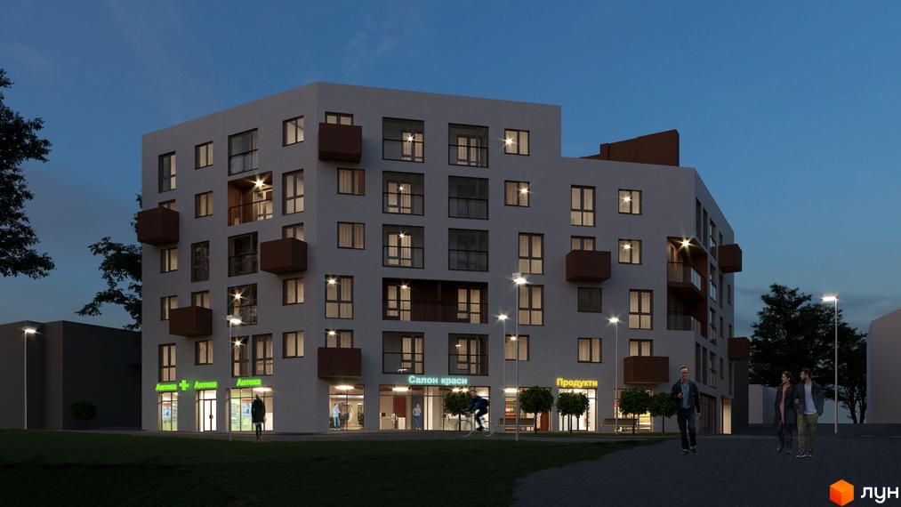 Житловий комплекс Еко-дім на Мечникова 3: багатоквартирний будинок зі світлими фасадами та комерційними приміщеннями на першому поверсі. Прибудинкова територія освітлена ліхтарями.