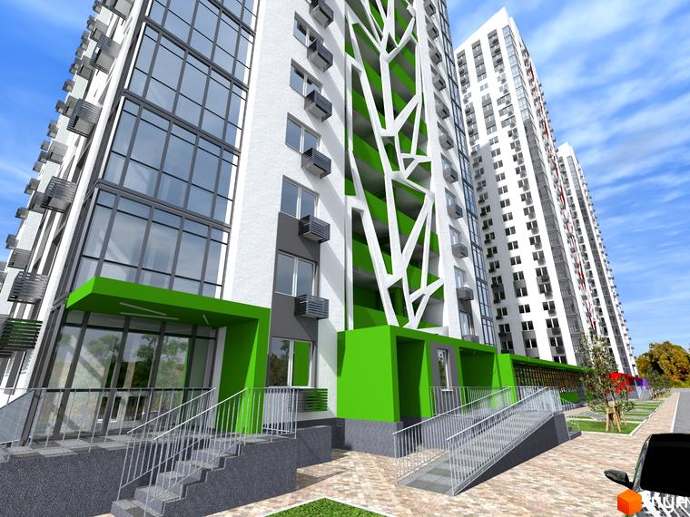 Зовнішній вигляд багатоповерхового будинку Житлового комплексу Вигурівщина-20. На передньому плані сходи та прибудинкова територія.