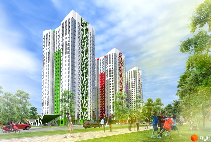 Зображення фасаду та прибудинкової території Житлового комплексу Вигурівщина-20. Висотні будинки з кольоровими вставками, зелені насадження, тротуар.