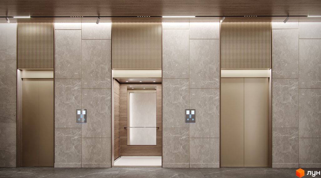 Сучасний дизайн холу з двома ліфтами та мармуровим оздобленням. Елегантні двері ліфтів та підсвічування створюють атмосферу комфорту.