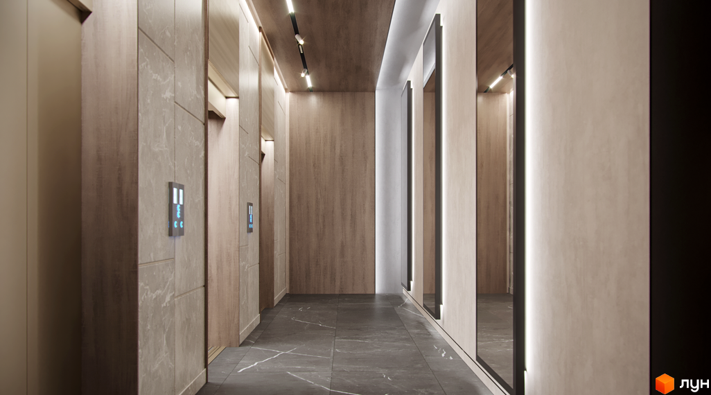 Сучасний хол ЖК Новий Автограф з оздобленням під дерево та мармур, підсвічуванням та дзеркалами. Елегантний дизайн вхідної групи.