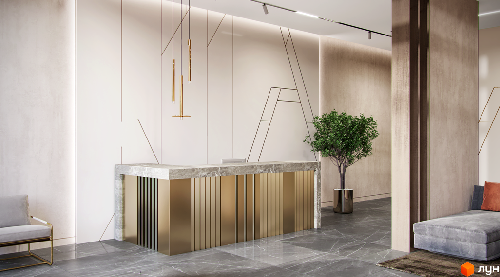 Сучасний хол житлового комплексу Новий Автограф з ресепшн, декором та зоною відпочинку. Дизайн інтер'єру виконаний у світлих тонах з золотими акцентами.