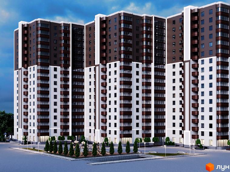 Зображення багатоповерхового будинку на вулиці Припортова (Героїв Сталінграда), 22/1. На передньому плані прибудинкова територія з дитячим майданчиком.