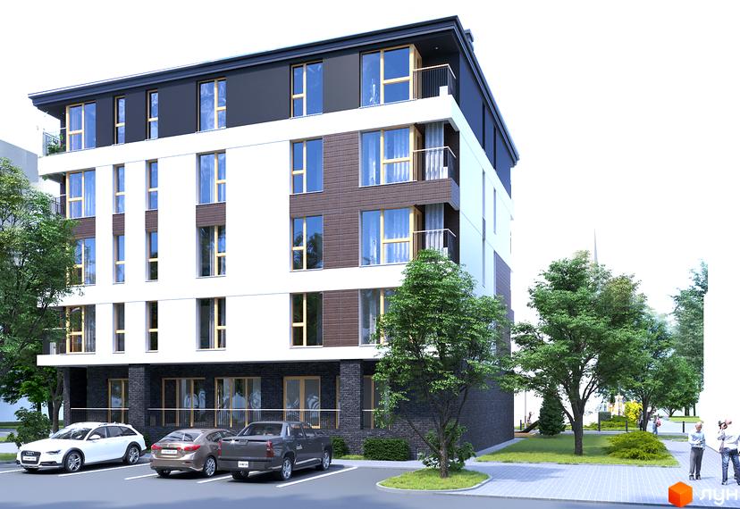 Зображення фасаду Клубного будинку „Покрова 3“ з припаркованими автомобілями та зеленими насадженнями на прибудинковій території.