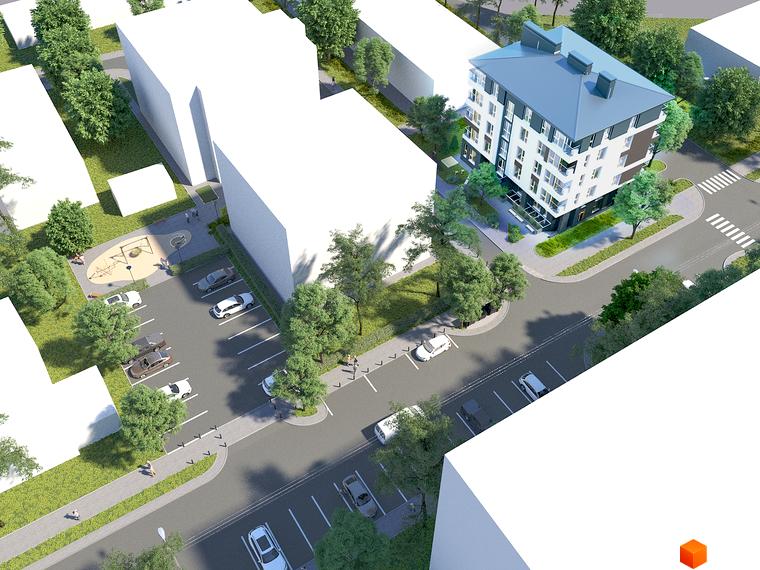 Зображення Житлового комплексу „Покрова 3“ з виглядом на будинок та прибудинкову територію з парковкою та дитячим майданчиком.