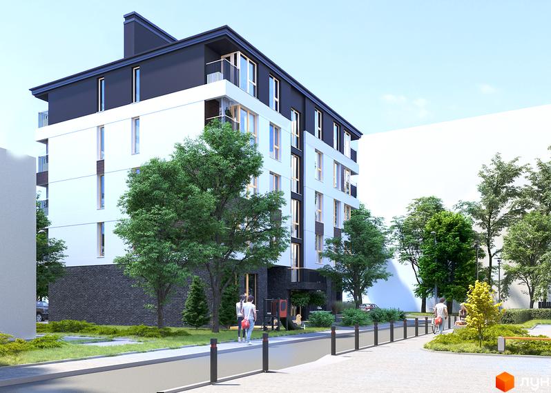 Клубний будинок „Покрова 3“ з білим та темним фасадом, великими вікнами та балконами. Поруч доглянута територія з деревами, зеленими насадженнями та пішохідними доріжками.