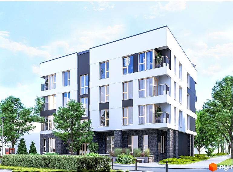 Клубний будинок „Покрова 3“ має білий та темно-сірий фасад з великими вікнами та балконами. Прибудинкова територія озеленена деревами та кущами.