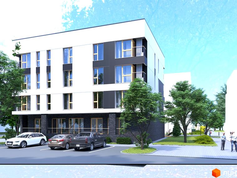 Зображення будинку Клубний будинок „Покрова 3“ з парковкою та зеленими насадженнями. Вигляд фасаду та прибудинкової території.