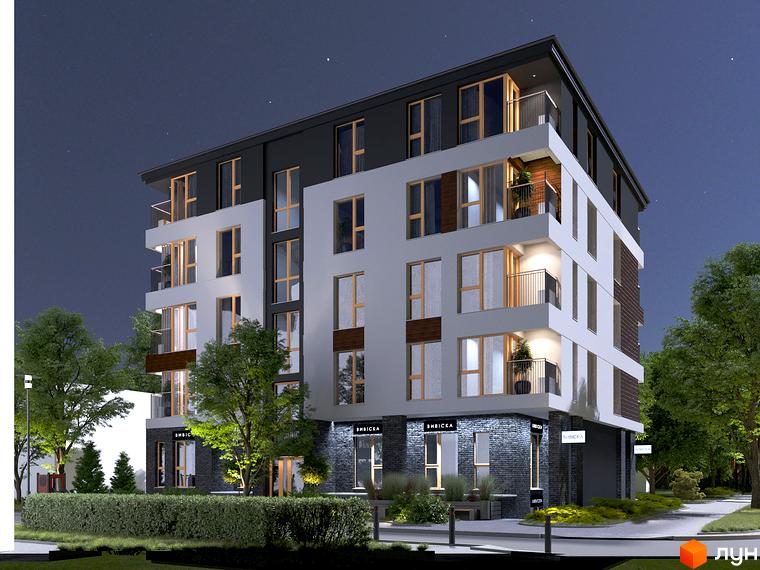 Зображення чотириповерхового будинку Клубний будинок „Покрова 3“ з великими вікнами та балконами. Навколо зелені дерева та кущі.