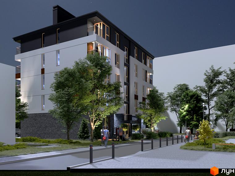 Зображення будинку Клубний будинок „Покрова 3“ з прибудинковою територією. Навколо будинку дерева та пішохідна зона.