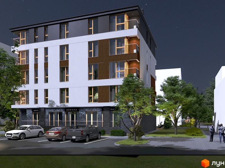 Зображення фасаду Клубного будинку „Покрова 3“ з парковкою та прилеглою територією. Вигляд будинку та озеленення.