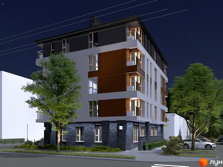 Зображення будинку Клубний будинок „Покрова 3“ з фасадом з дерева та цегли. Навколо будинку зелені насадження та припарковані автомобілі.