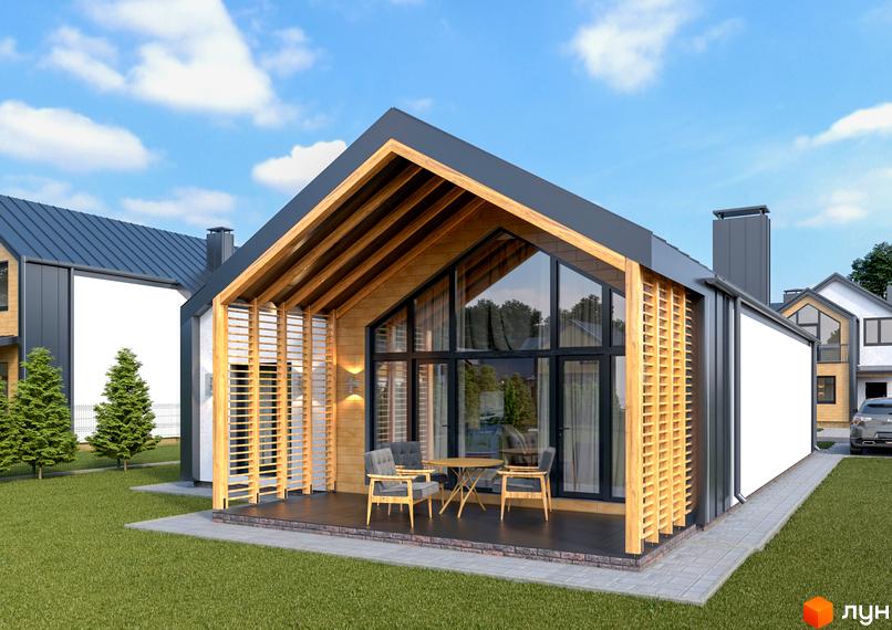 Будинок котеджного містечка Нова Олександрівка з темно-сірим дахом, великими вікнами та дерев'яною терасою. Навколо будинку зелений газон та хвойні дерева.