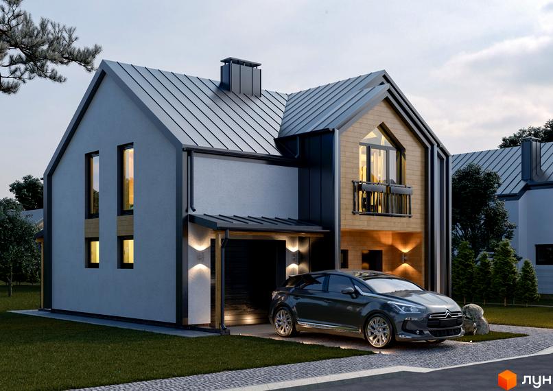 Двоповерховий котедж КМ Нова Олександрівка з сірою металевою покрівлею, світлими стінами та дерев'яними елементами. На подвір'ї вимощена доріжка, зелений газон та припаркований автомобіль.