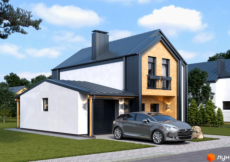 Котеджне містечко Нова Олександрівка: двоповерховий будинок з темно-сірим дахом, білими фасадами та дерев'яними елементами. На подвір'ї вимощена доріжка, газон та авто.