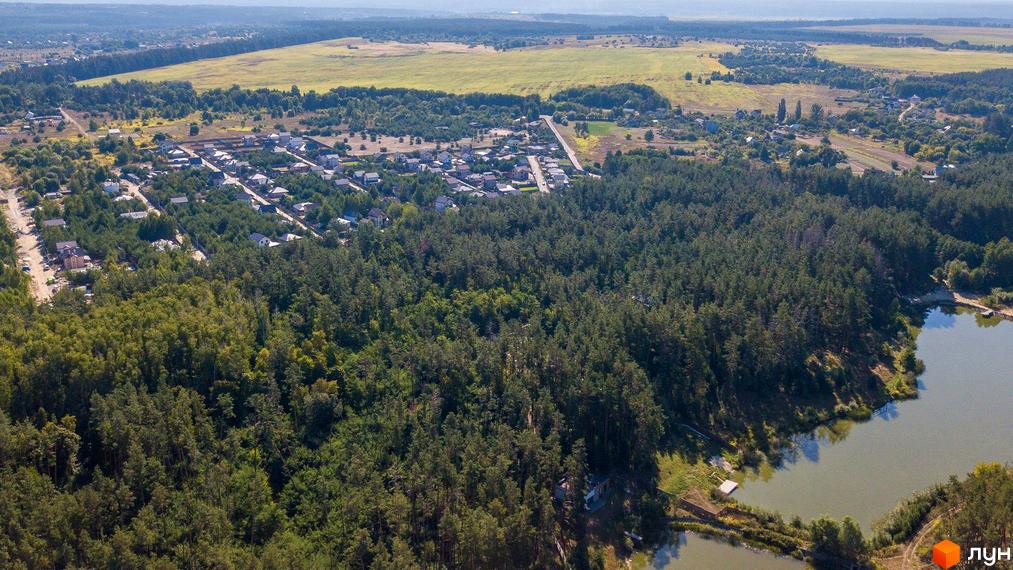 Вид на Котеджне містечко Лісове озеро. На передньому плані густий ліс, далі видно будинки та водойму.