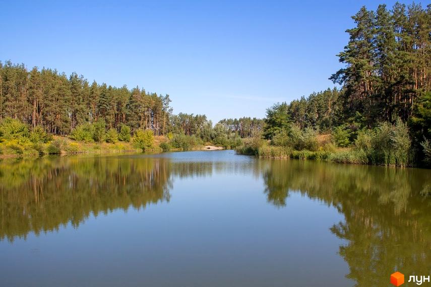Зображення мальовничого пейзажу з озером та лісом. На берегах водойми розташований ліс, що створює спокійну атмосферу для майбутніх мешканців Котеджного містечка Лісове озеро.