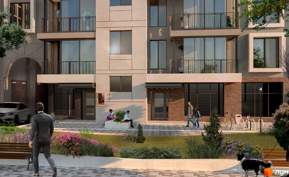 Зовнішній вигляд будинку ЖК Wellspring з балконами та великими вікнами, поруч зона відпочинку з лавками та зеленню.