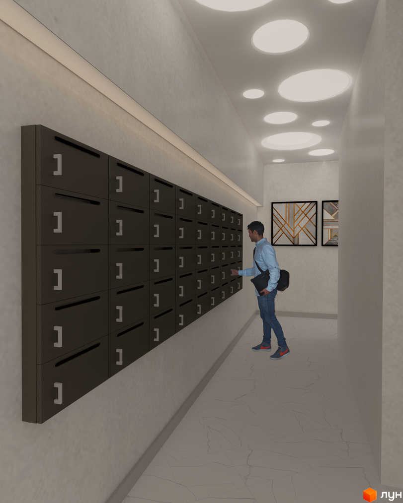 Комплекс Wellspring: чоловік біля поштових скриньок у сучасному коридорі новобудови. Оцініть планування та дизайн житлового комплексу.
