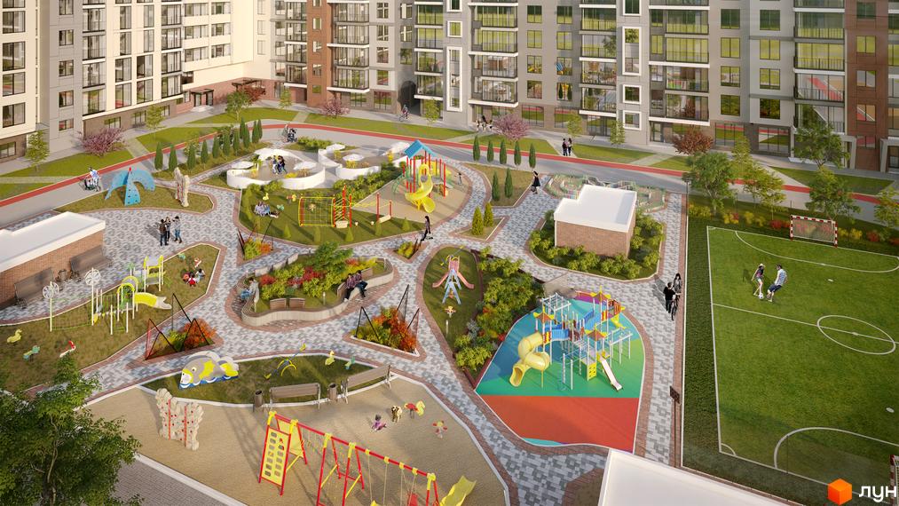 Житловий комплекс Wellspring з дитячими майданчиками, спортивним полем та зонами відпочинку. Сучасна архітектура та доглянута прибудинкова територія.