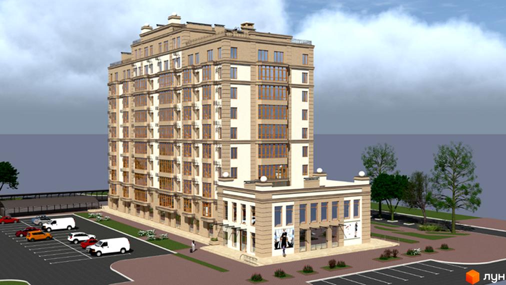 Житловий комплекс Спутник: багатоповерховий будинок бежевого кольору з комерційними приміщеннями на першому поверсі, поруч паркінг та дерева.