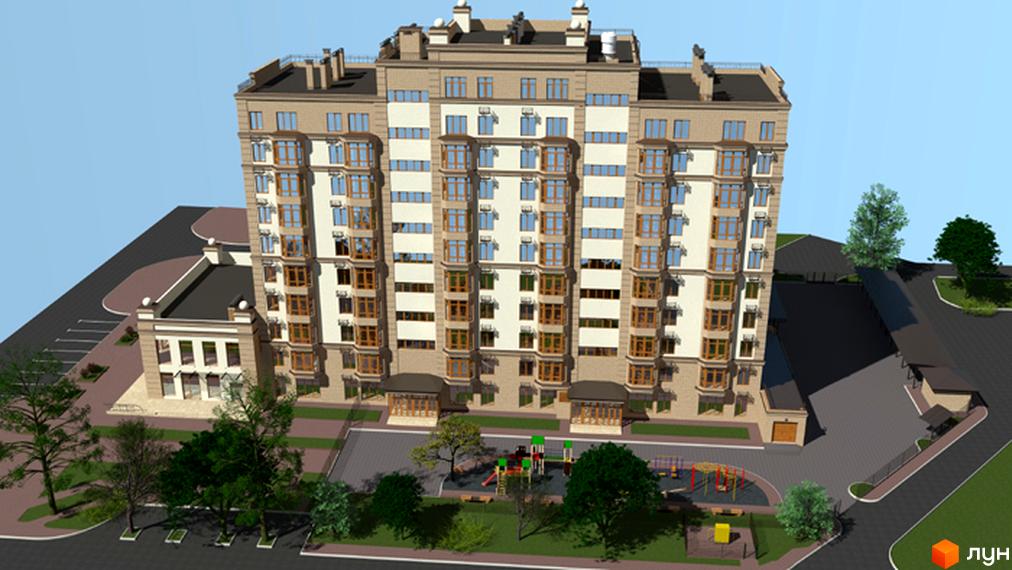 Житловий комплекс Спутник: багатоповерховий будинок світлого кольору з коричневими вікнами. На прибудинковій території є дитячий майданчик та дерева.