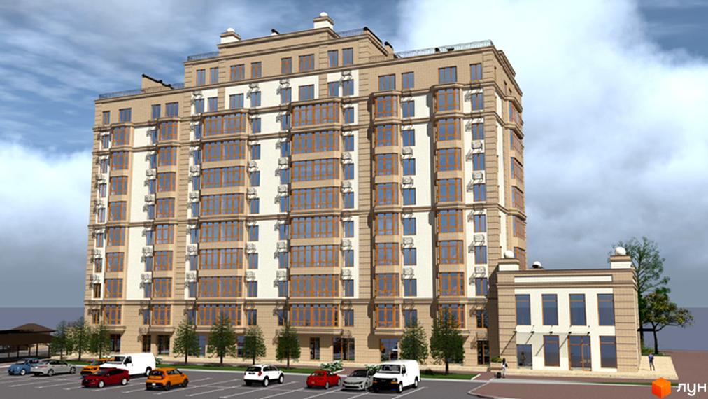 Зображення багатоповерхового будинку в Житловому комплексі Спутник з великими вікнами та кондиціонерами. На передньому плані парковка з автомобілями та зелені насадження.