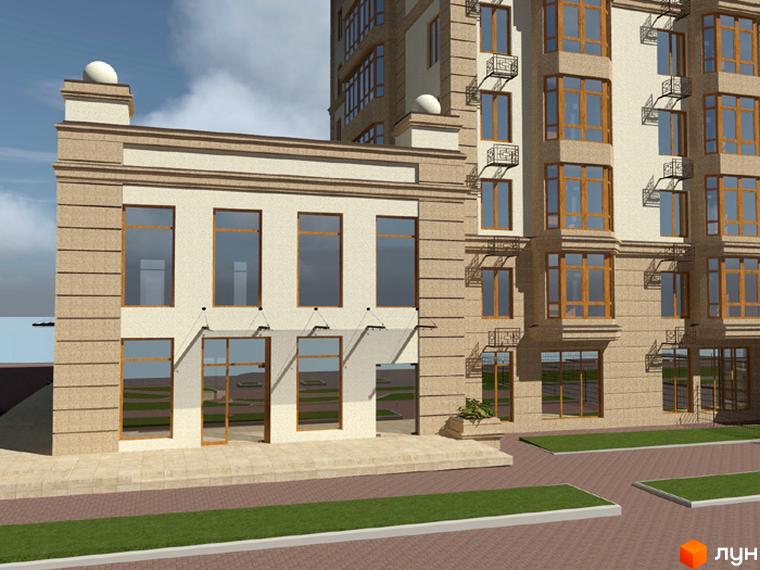 Зображення фасаду Житлового комплексу Спутник. На фото видно багатоповерховий будинок з великими вікнами та прибудинкову територію.