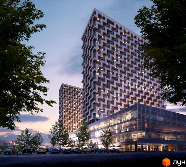 Житловий комплекс BOSTON Creative House. Висотні будинки з рельєфним фасадом та скляною комерційною частиною, поруч парковка і дерева.