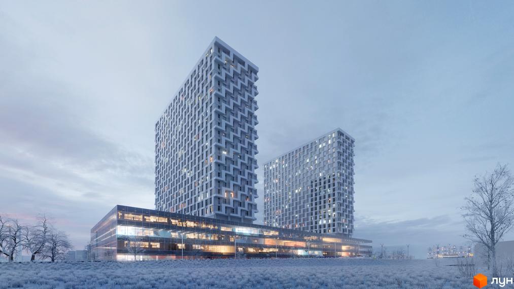 Житловий комплекс BOSTON Creative House: дві висотні будівлі з візерунковим фасадом та скляний стилобат, оточені засніженим ландшафтом.