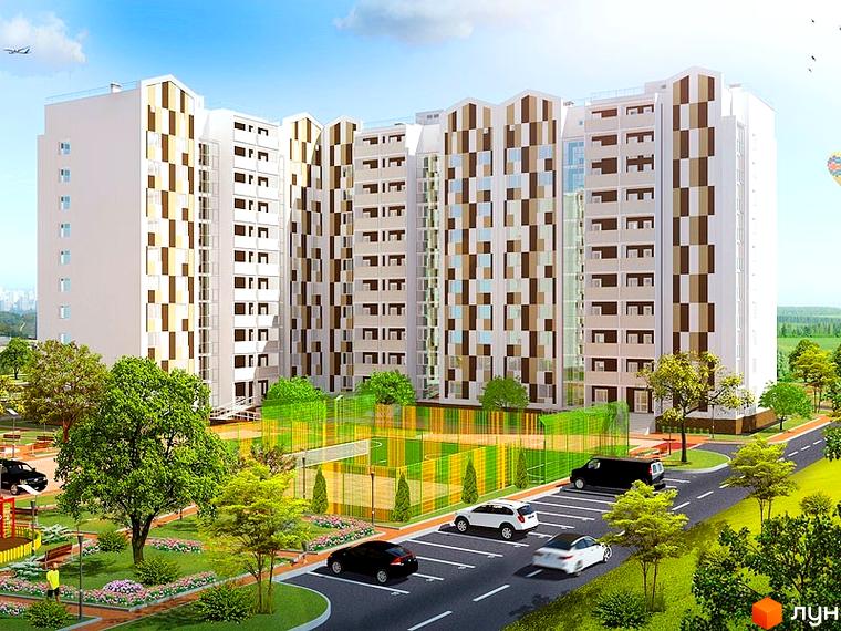 Житловий комплекс Затишний: багатоповерхові будинки з коричнево-білими фасадами та прибудинкова територія з дитячим майданчиком, спортивними зонами та парковкою.