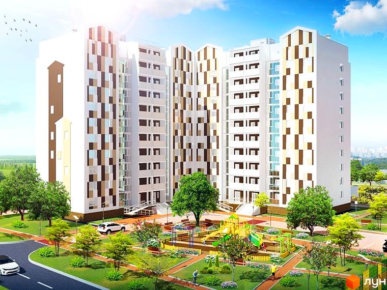 Житловий комплекс Затишний: фасади будівель з коричнево-білими візерунками та дитячий майданчик на прибудинковій території.